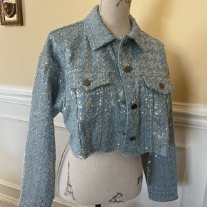 Festive, Oversized-Raw edge hem, Sequins Denim/Jeans cropped Stretch Jacket.